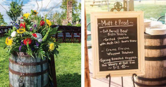 Barrels for wedding decorations with flowers and drinks