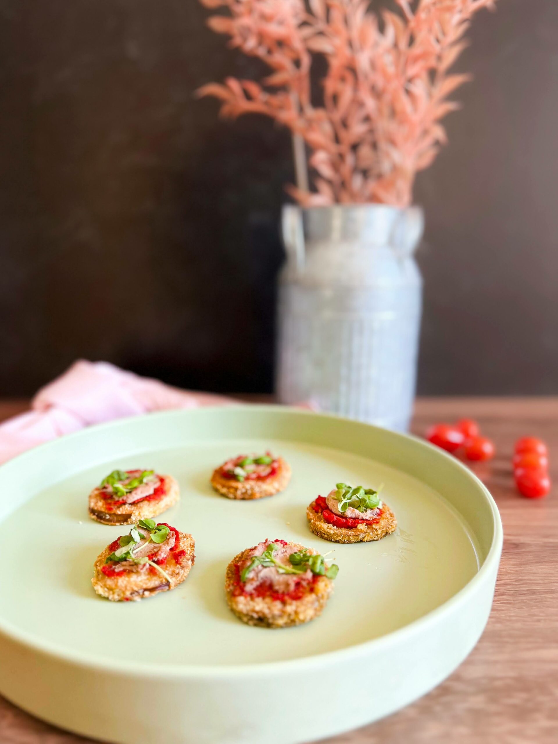 Crusted Eggplant Tomato on white platter 